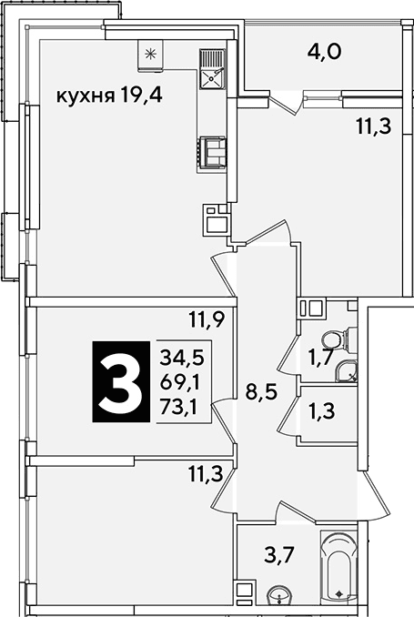 Продается 4-комн. квартира, 69.1 м²