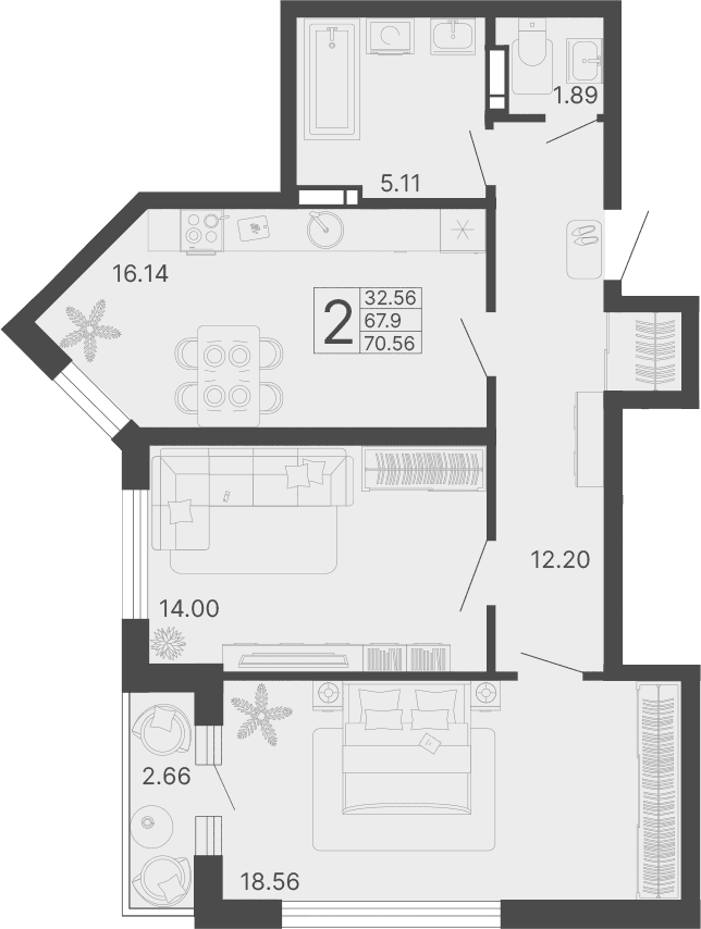 Продается 2-комн. квартира, 67.9 м²