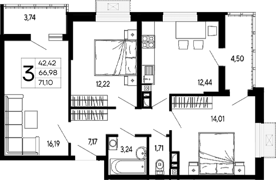 Продается 3-комн. квартира, 66.98 м²