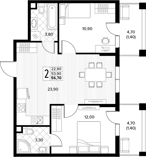 Продается 2-комн. квартира, 53.9 м²