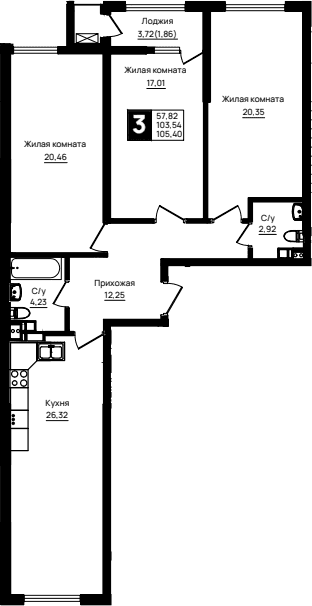 Продается 3-комн. квартира, 103.54 м²