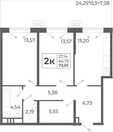 Продается 2-комн. квартира, 64.73 м²