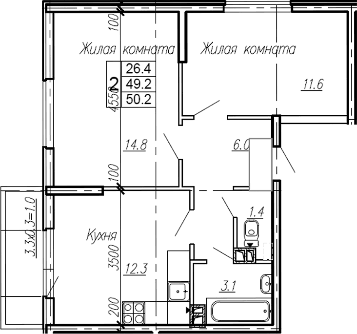 Продается 2-комн. квартира, 49.2 м²