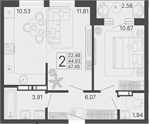 Продается 2-комн. квартира, 44.93 м²