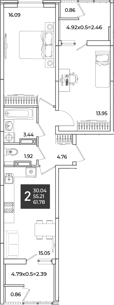 Продается 2-комн. квартира, 55.21 м²