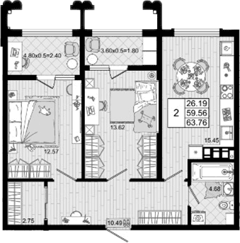 Продается 2-комн. квартира, 59.56 м²