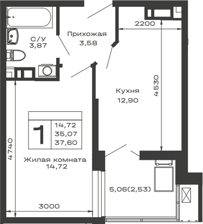 Продается 1-комн. квартира, 35.07 м²