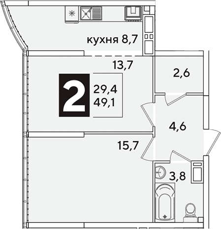 Продается 2-комн. квартира, 49.1 м²