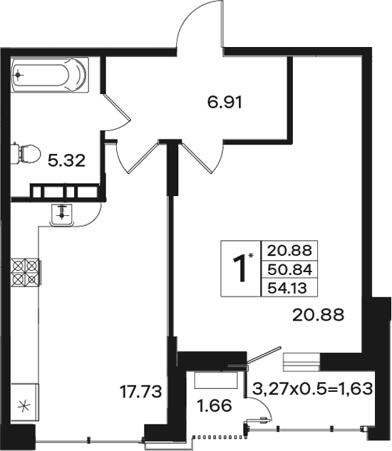 Продается 1-комн. квартира, 50.84 м²