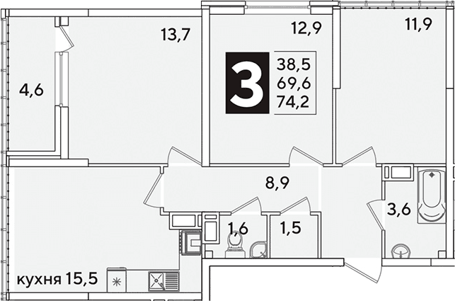 Продается 4-комн. квартира, 69.6 м²