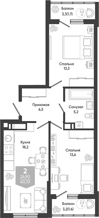 Продается 3-комн. квартира, 56.8 м²
