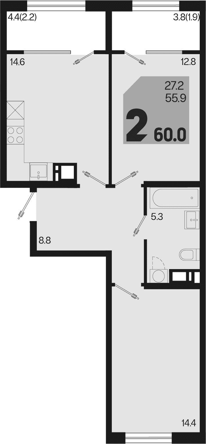 Продается 2-комн. квартира, 55.9 м²