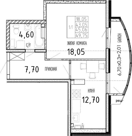 Продается 1-комн. квартира, 43.05 м²