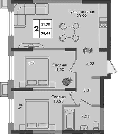 Продается 2-комн. квартира, 54.49 м²