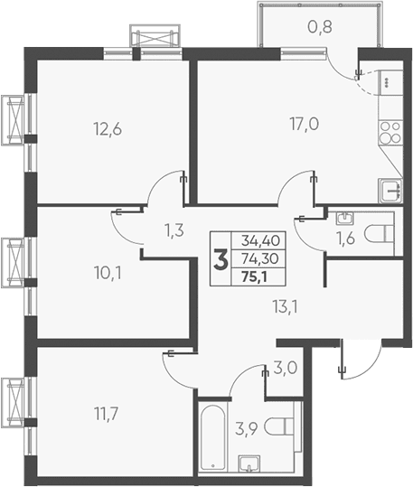 Продается 3-комн. квартира, 76.17 м²