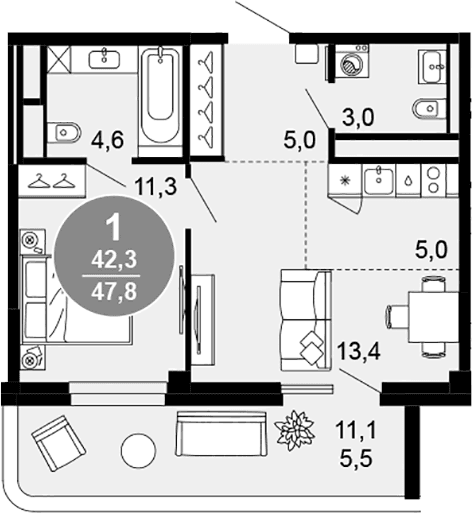 Продается 2-комн. квартира, 42.3 м²