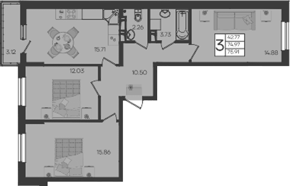 Продается 3-комн. квартира, 74.97 м²