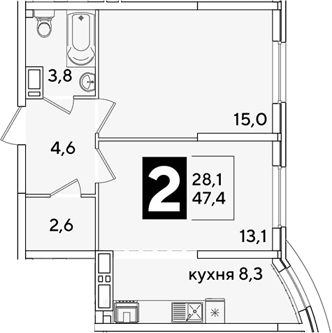 Продается 2-комн. квартира, 47.4 м²