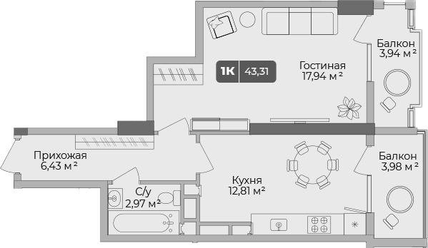 Продается 1-комн. квартира, 40.94 м²
