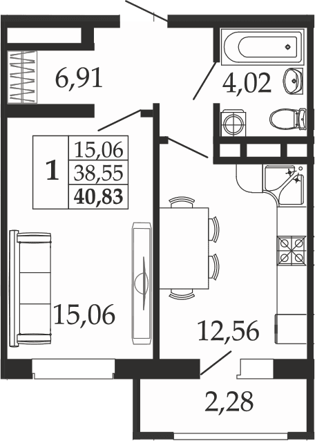 Продается 1-комн. квартира, 38.55 м²