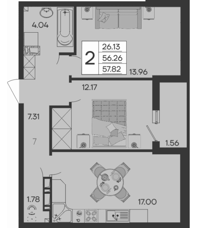Продается 2-комн. квартира, 56.26 м²