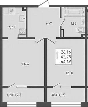 Продается 2-комн. квартира, 42.28 м²