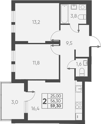 Продается 2-комн. квартира, 56.3 м²