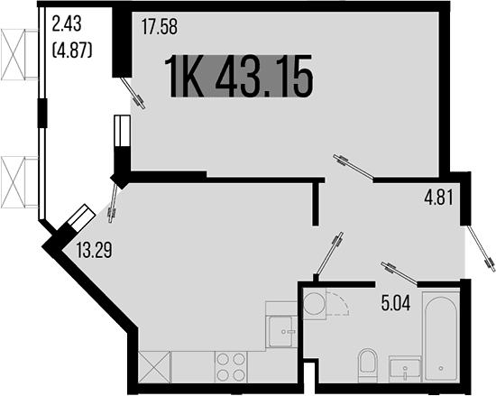 Продается 1-комн. квартира, 40.72 м²