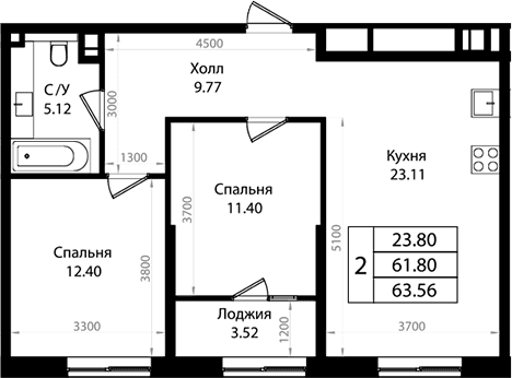 Продается 2-комн. квартира, 61.34 м²