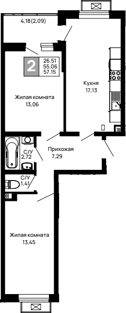 Продается 2-комн. квартира, 55.06 м²