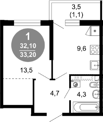 Продается 1-комн. квартира, 32.1 м²