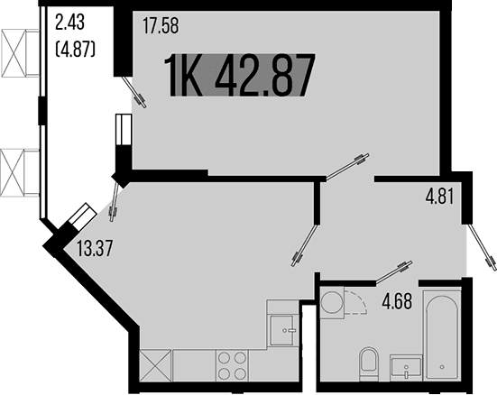 Продается 1-комн. квартира, 40.44 м²