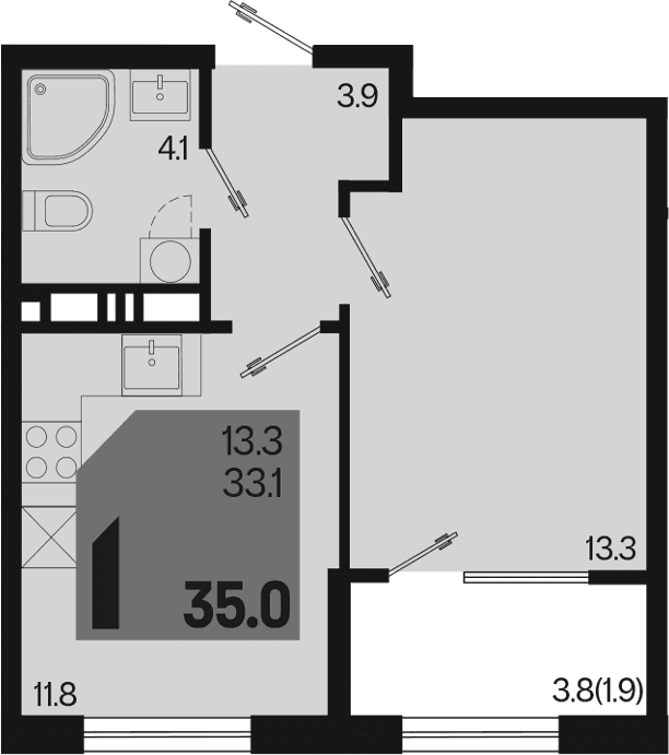 Продается 1-комн. квартира, 33.1 м²