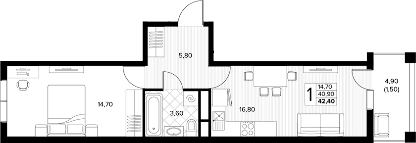Продается 1-комн. квартира, 40.9 м²