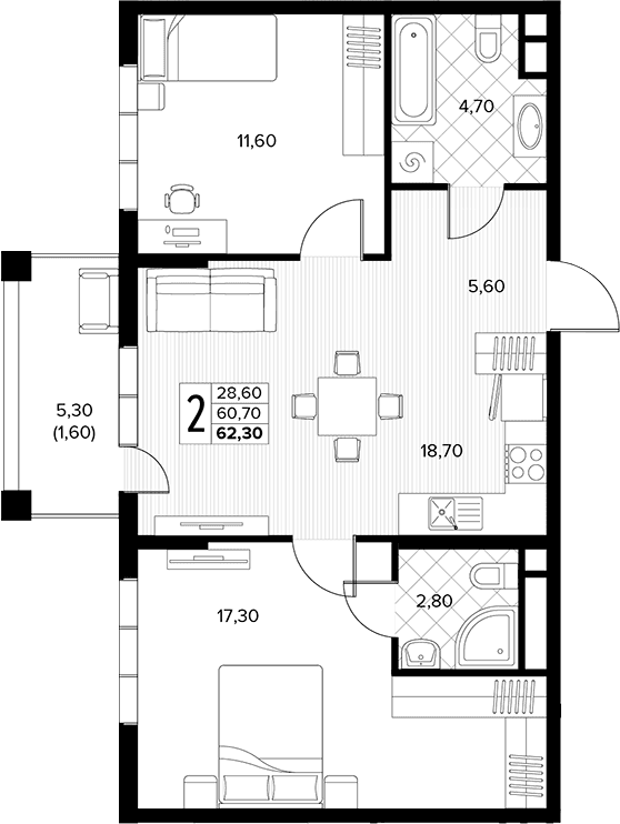 Продается 2-комн. квартира, 60.7 м²
