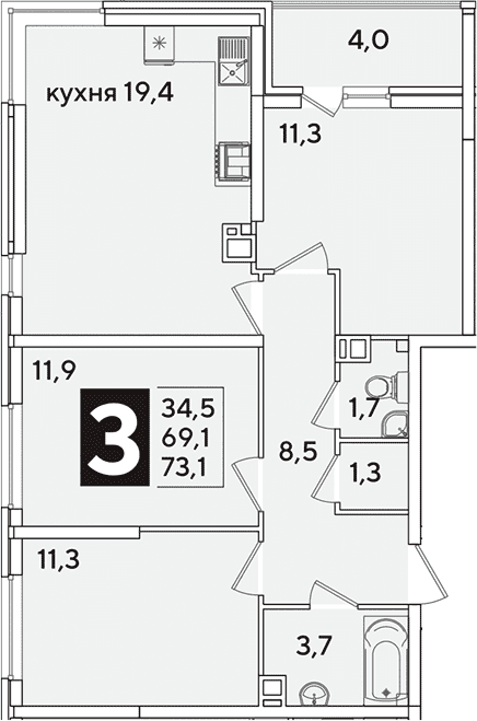 Продается 4-комн. квартира, 69.1 м²