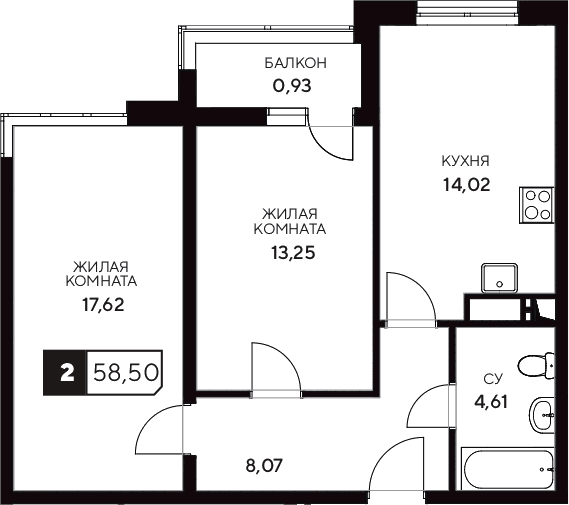 Продается 2-комн. квартира, 57.57 м²