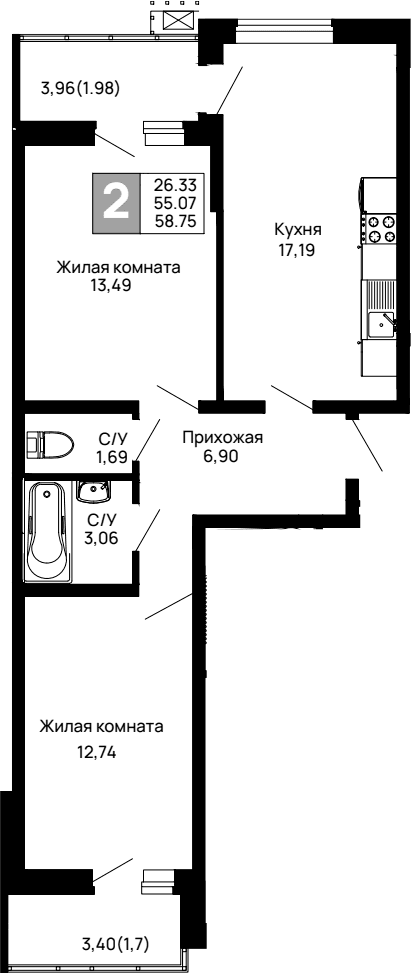 Продается 2-комн. квартира, 55.07 м²