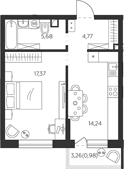 Продается 1-комн. квартира, 42.06 м²