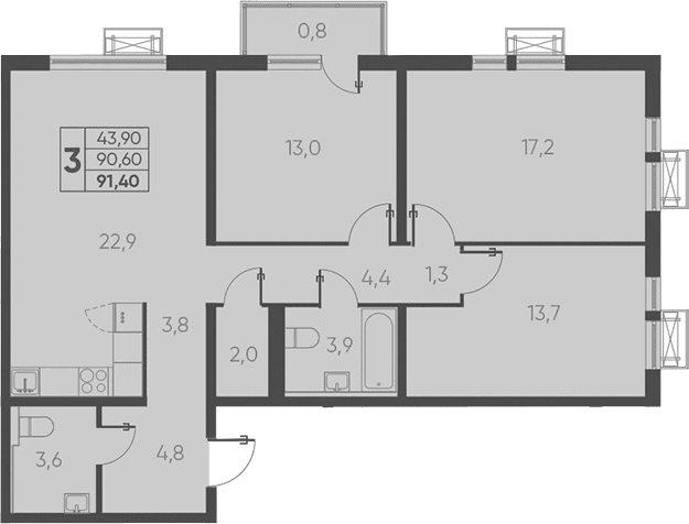 Продается 3-комн. квартира, 90.6 м²