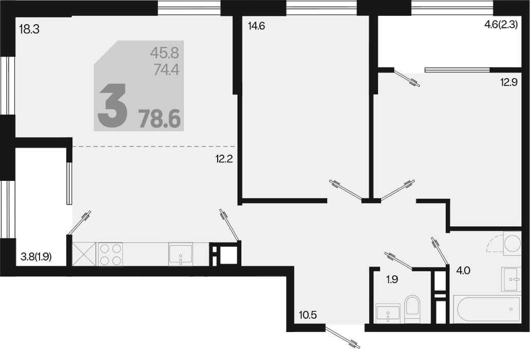 Продается 3-комн. квартира, 74.4 м²