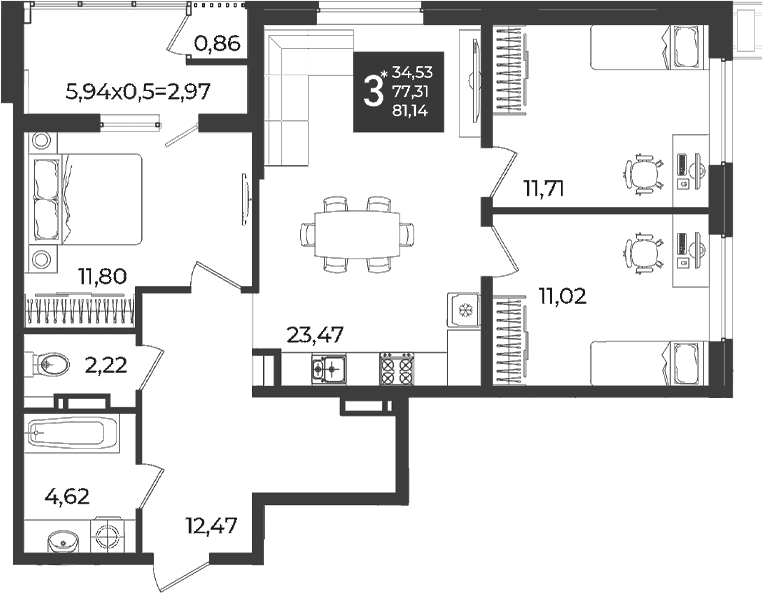 Продается 3-комн. квартира, 77.31 м²