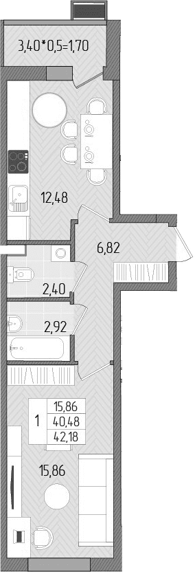 Продается 1-комн. квартира, 40.48 м²