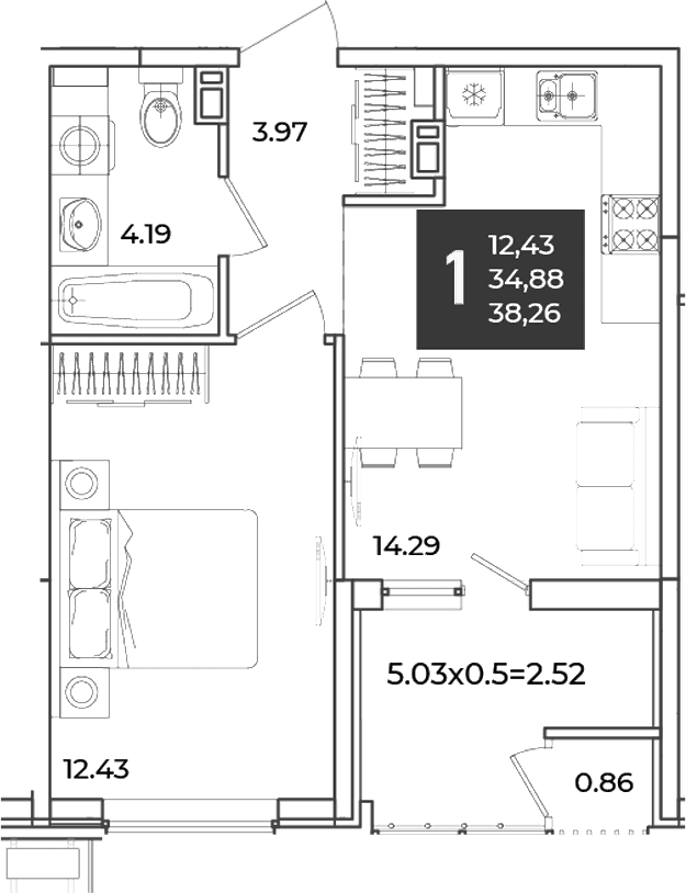 Продается 1-комн. квартира, 34.88 м²