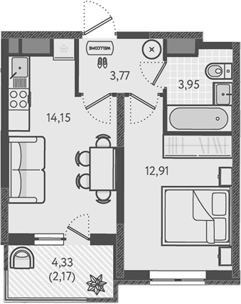 Продается 1-комн. квартира, 34.78 м²