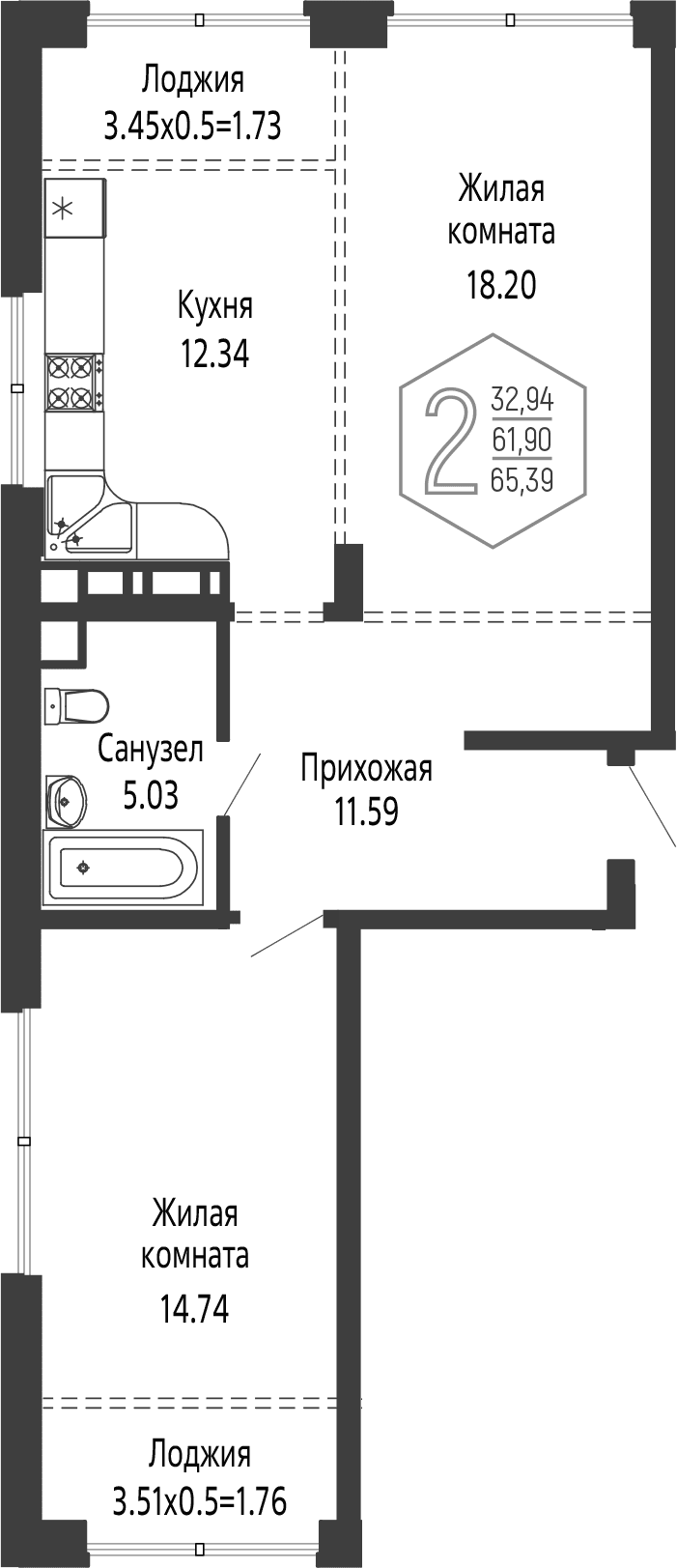 Продается 2-комн. квартира, 61.9 м²