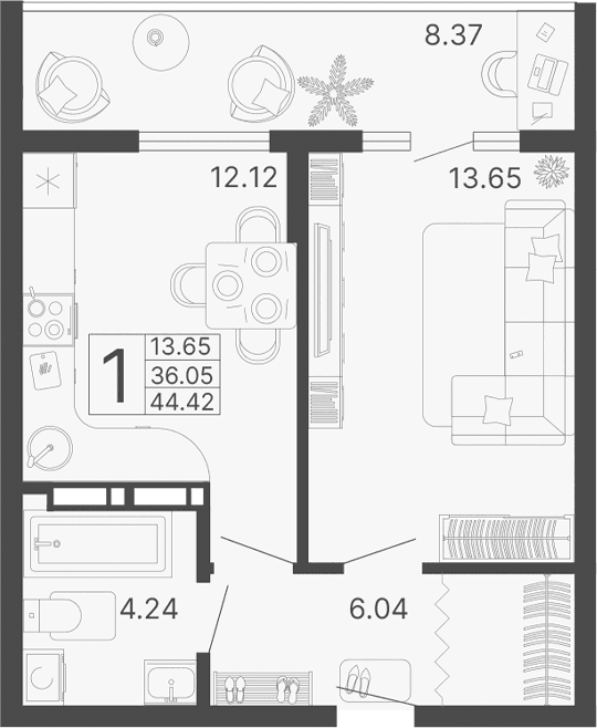 Продается 1-комн. квартира, 36.05 м²