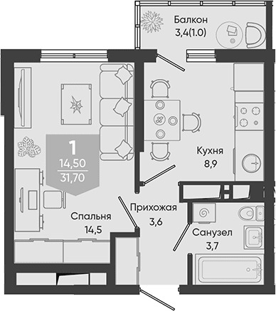 Продается 1-комн. квартира, 30.7 м²