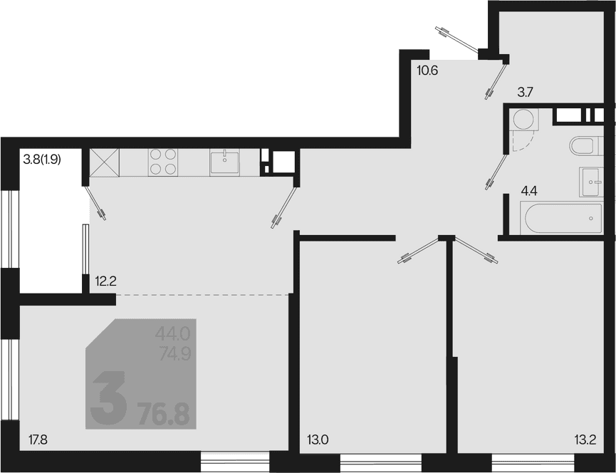Продается 3-комн. квартира, 74.9 м²