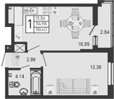 Продается 1-комн. квартира, 36.98 м²